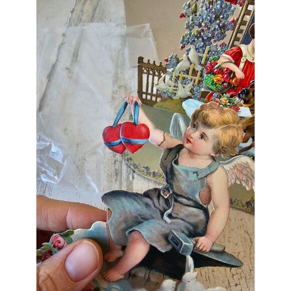 Antique Valentine 3D die cut card dog girl boy Germany cardboard‎ cutout - Picture 10 of 11